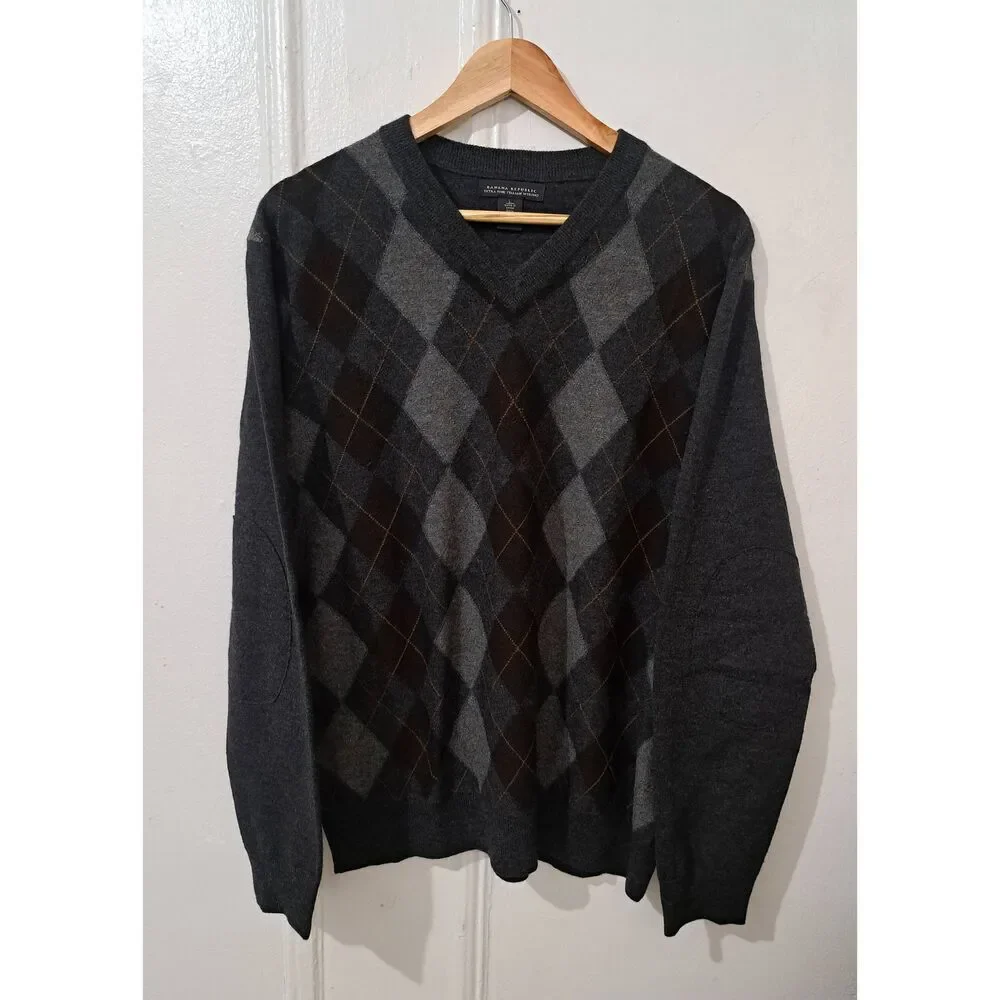 Banana republic mens large sweater argyle gray brown fine wool patch elbow